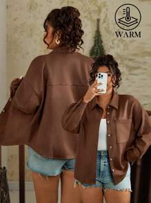 SHEIN VCAY 大码女式摩卡绒面长袖衬衫，带前口袋，宽松西式休闲纽扣衬衫 - 摩卡棕 - 查看 1
