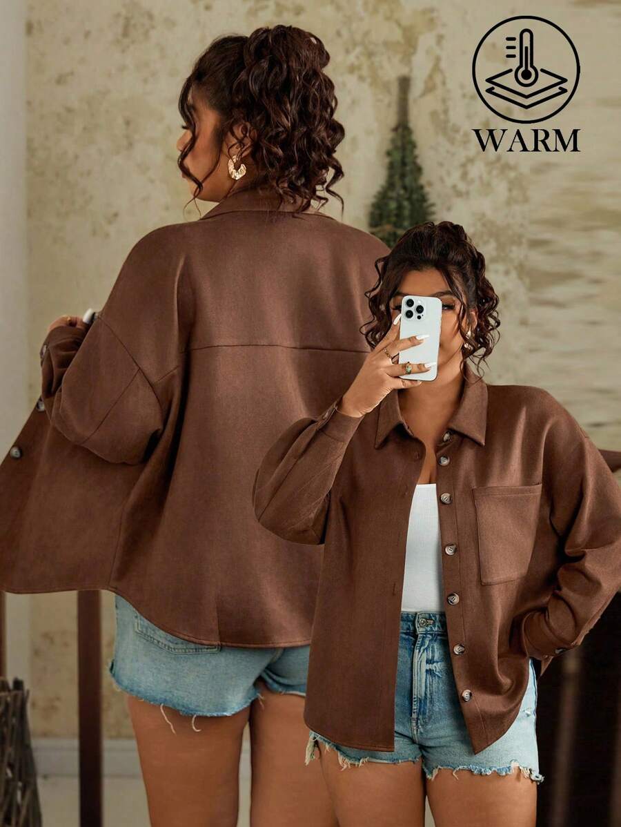 SHEIN VCAY 大码女式摩卡绒面长袖衬衫，带前口袋，宽松西式休闲纽扣衬衫 - 摩卡棕 - 查看 1