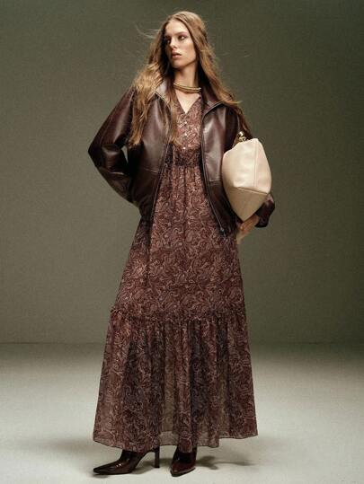 Aveloria Women's Leather Fabric, Cocoon Style, Lapel Design, Daily Commuting Short Jacket Fall Women Clothes Vintage All White Maillard Style