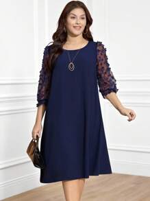 Miaspire Plus Size Summer Elegant 3D Floral Decor Mesh Patchwork Dress, Dress,Flower/Vacation/Spring - Navy Blue - View 8