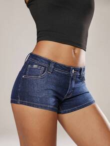 Jeanoix Women's Pocket Skinny Low Waist Mini Denim Shorts - Dark Wash - View 6