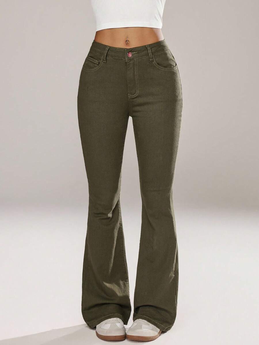 SHEIN ICON 女式口袋喇叭休闲百搭牛仔裤 - 軍綠色 - 查看 1