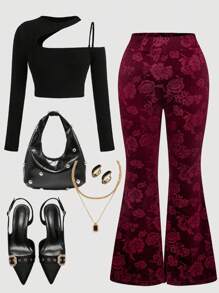 SHEIN MOD 加大码高腰天鹅绒压花提花松紧腰喇叭裤，加大码天鹅绒喇叭裤 - 酒紅色 - 查看 2