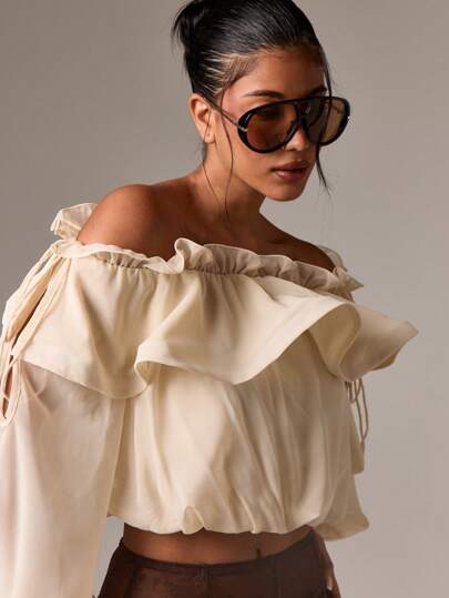 AiiRZ Blusa con cuello de volantes y hombros descubiertos, manga larga de globo de gasa, elegante para eventos de noche, bodas y estilo victoriano renacentista