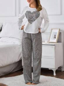 EURMUSE Ensemble pyjama femme en coton avec motif léopard en forme de cœur, chemise à manches longues et pantalon, tenue d'intérieur - Multicolore - Voir 3