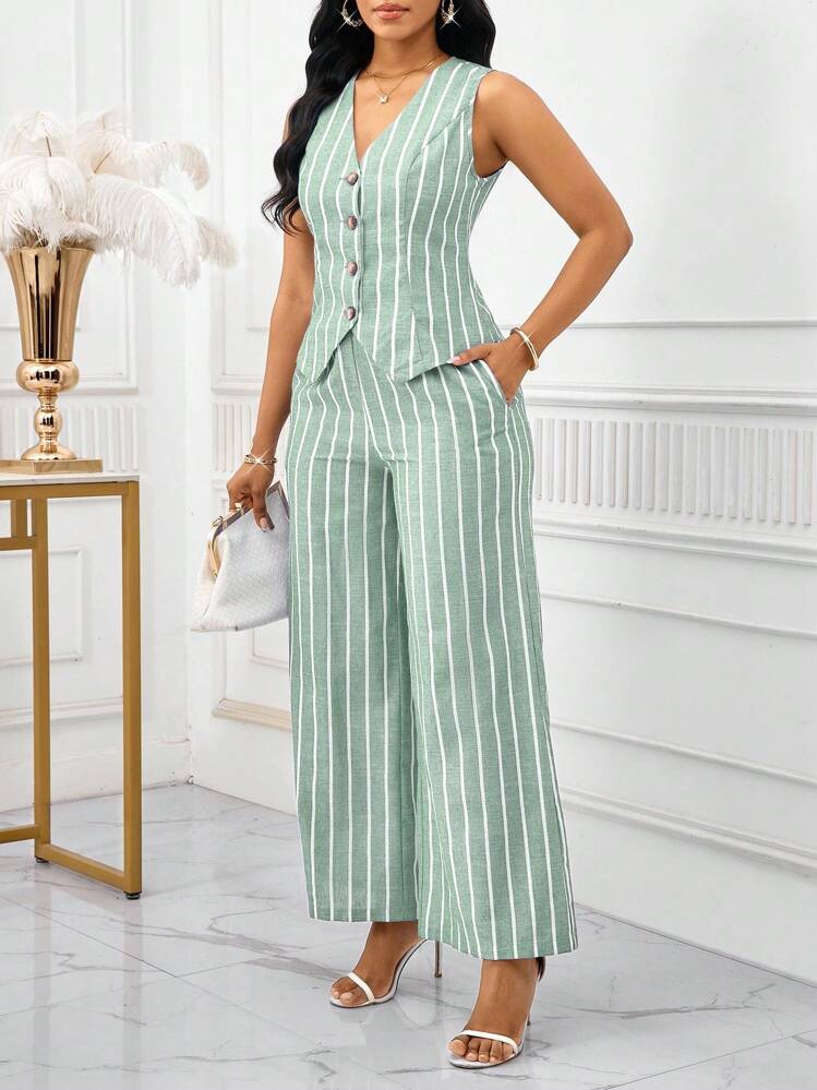 SHEIN Lady 大码优雅通勤条纹前扣背心和阔腿裤两件套，夏季 - 綠色 - 查看 4