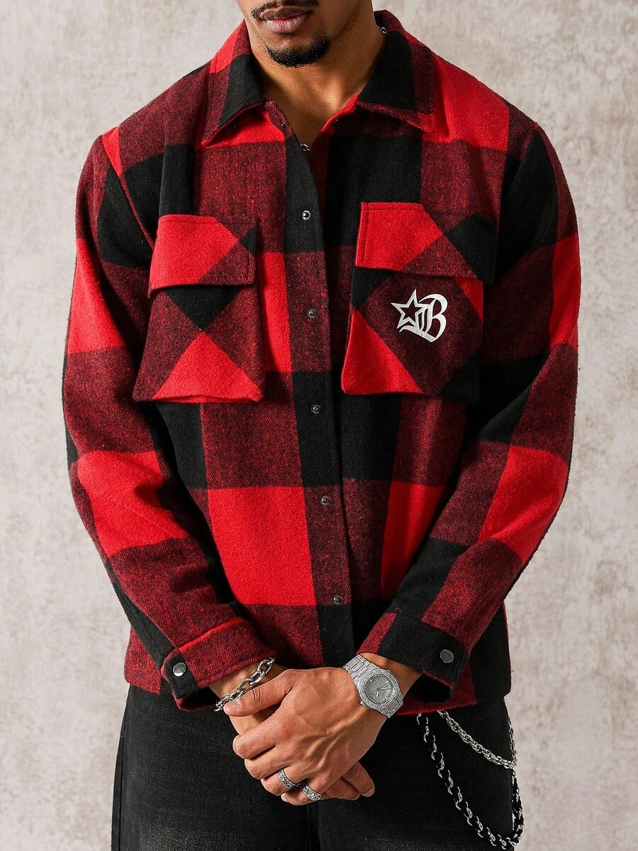 Manfinity Homme Young Men's Red Plaid, Letter Print Jacket And Coat, Red Black Flannel Men's, Mens Flannels, Red And Black Shirt - Red - View 1