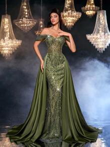 Glamrae Elegant Luxurious Beaded & Sequin Floral Patchwork Satin Mermaid Maxi Skirt With Detachable Overskirt & Train, Suitable For Wedding, Party, Vacation, Prom, Evening Gown (Heavy Embellished) - Green - View 7