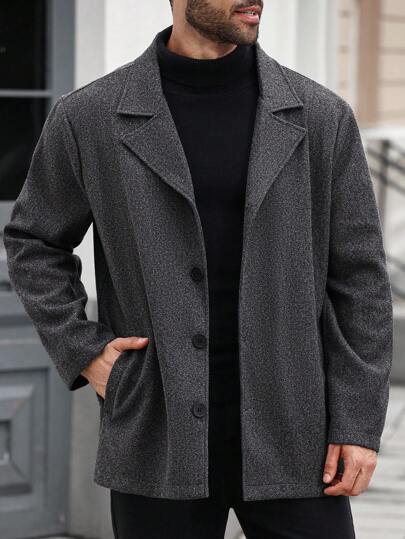 Manfinity Homme Plus Size Men's Lapel Neck Long Sleeve Single-Breasted Casual Loose Overcoat, Men Overcoat, Long Coat For Men, Fall Winter