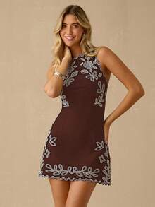 Enchnt Váy không tay thêu hoa giản dị dành cho nữ, thích hợp cho kỳ nghỉ - màu nâu - Xem 1