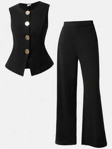 Girlism 青少年女孩无袖上衣和裤子套装，金属纽扣开合，优雅复古风格黑色女士套装黑色套装全套服装套装 - 黑色 - 查看 11