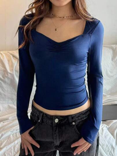 SHEIN Tween Girl 海军蓝针织纯色褶皱胸围甜美女孩学校休闲长袖 T 恤，开学季，可爱，节日家庭户外秋季野餐日常穿着，上衣适合各种场合冬季