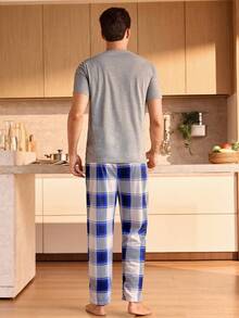Manfinity Underwear&Sleepwear Basics 男士印花圆领短袖上衣和裤子睡衣套装 - 淺灰色 - 查看 2