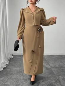 Modelyn 2件套加大码纯色长袖碎花长裙套装 - 卡其色 - 查看 4