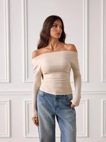 SHEIN Tall 女式纯色露肩褶饰时尚修身毛衣 - 黃色 - 查看 8