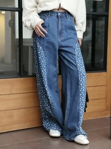 K-Vae Women's Autumn And Winter Small Floral Print Patchwork Jeans, Retro Country Style,Alloween Costumes,Chic Autumn