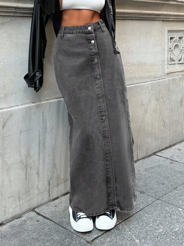 EURMUSE Women's Casual Daily Button Front Denim Skirt - Black - View 4