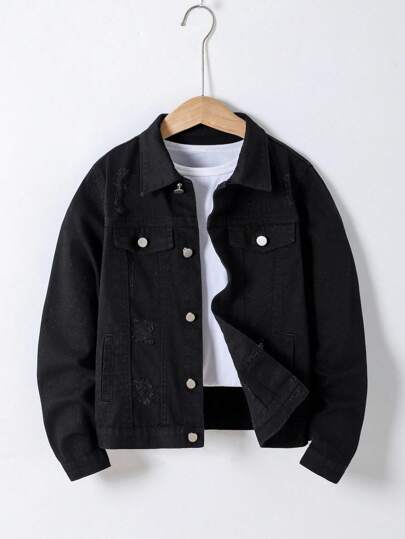 Tween Boys Fashion Casual Retro Y2K Black Denim Loose Jacket, Children's Clothing, Boys' Clothing, Everyday Wear, Versatile Fashion Item, Suitable For All Year Round, Holiday And Beach Wear