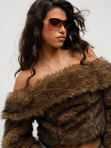 Aloruh 女士新款秋冬时尚露肩日常装复古套头衫修身翻领蓬松毛茸茸外套 - 棕色 - 查看 2