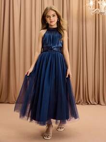 少女优雅蕾丝连衣裙，露背领，海军蓝，适合晚会、婚礼、舞会、万圣节、圣诞节等场合 - 藏蓝色 - 查看 1