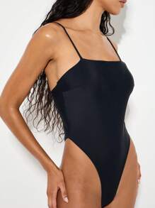 KIZN High Cut Seamless Bodysuit Adjustable Straps Square Neck Shaping Wear Thong Back Design Form Fitting Base Layer Tummy Control One Piece - Black - View 5