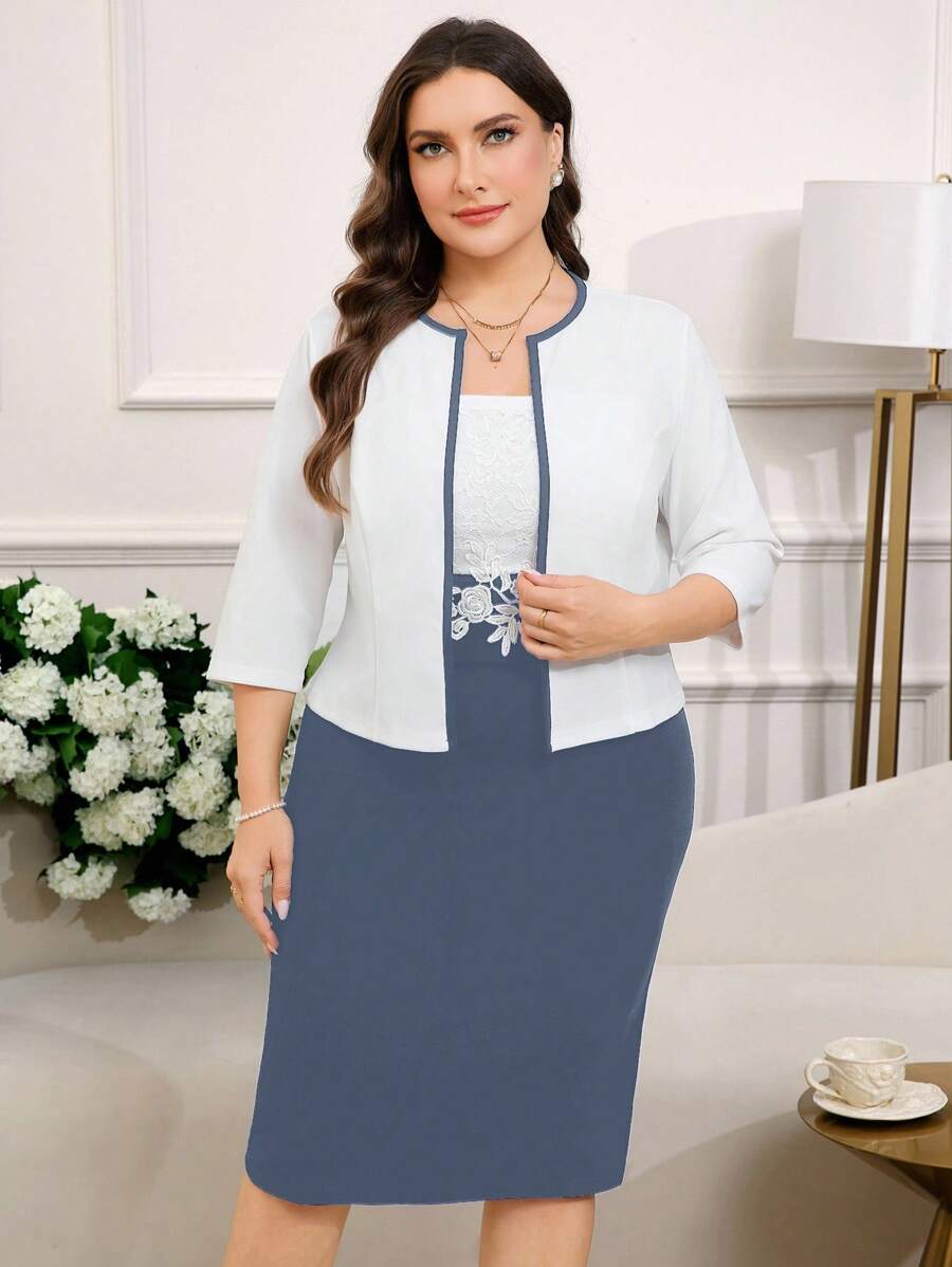 Reflora Plus Size Elegant Casual Lace Contrast Color 2 Pieces Set For Women Formal Wedding Evening Bussines Mother Of The Bride Guest White Autumn Royal Blue - Dusty Blue - View 1