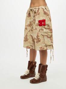 SUMWON WOMEN Cargo Utility Wide Leg Bermuda Shorts With Embroidered Patches Military Fashion Streetwear Summer Bottoms Holiday Festival Casual Drawstring