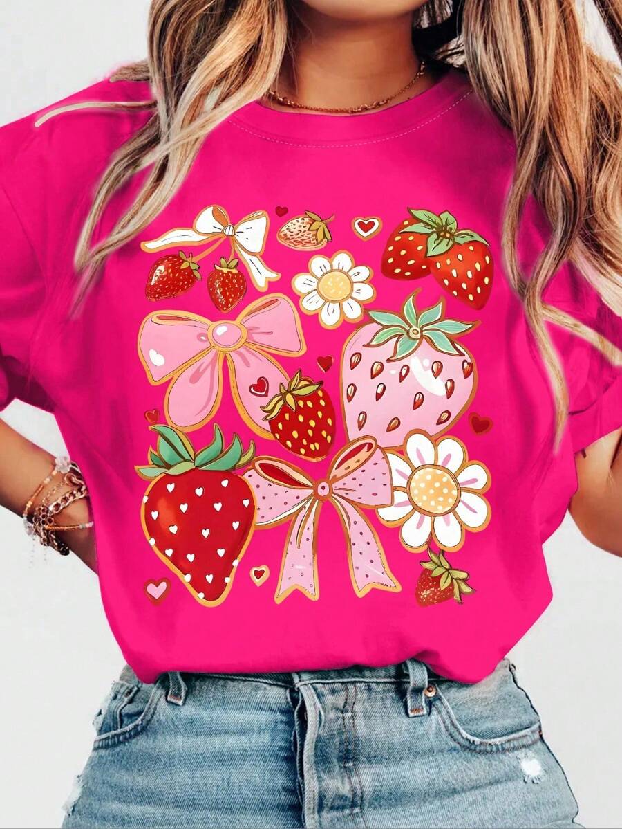 EMERY ROSE Pink Bow Print And Strawberry Print Summer Women's Round-Neck T-Shirts - Hot Pink - View 1