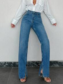 EURMUSE 100%Cotton Split Hem Straight Leg Jeans - Medium Wash - View 6