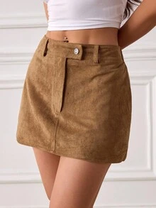 SHEIN PETITE 休閒時尚百搭日常簡約口袋女款裙，適合嬌小女性 - 棕色 - 查看 5