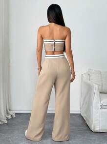 Chiquease Women's Colorblock Bandeau Top And Wide Leg Pants Set - Apricot - View 2