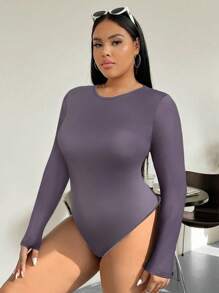 SHEIN EZwear 大码休闲纯色长袖紧身衣 - 紫色 - 查看 3