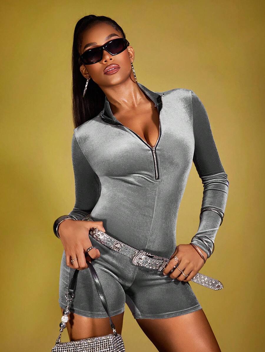 SHEIN 闪亮银色金属拉链前女式连体裤 - 性感