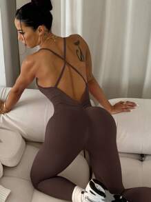 Easithlete 女士瑜伽罗纹连体裤 - 棕色 - 查看 2