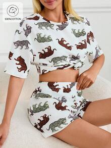 EURMUSE 2 pièces Ensemble pyjama en coton avec motif animal, chemise à manches courtes oversize et shorts imprimés - Multicolore - Voir 7