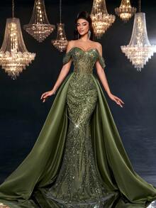 Glamrae Elegant Luxurious Beaded & Sequin Floral Patchwork Satin Mermaid Maxi Skirt With Detachable Overskirt & Train, Suitable For Wedding, Party, Vacation, Prom, Evening Gown (Heavy Embellished) - Green - View 6