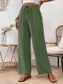 Breezaya Loose Straight-Fit Elastic Drawstring Muscle Textured Wrinkled Fabric Imitation Spring Summer Long Pants Fall Cloth For Women - Army Green - View 4