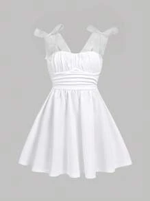 Girlism 少女杏色褶饰胸前蝴蝶结装饰吊带背心连衣裙，休闲甜美返校装 - 白色 - 查看 8