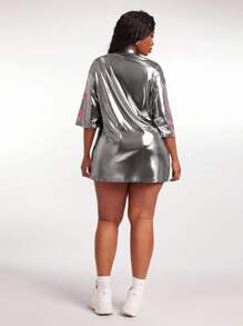 SHEIN SXY Plus Size Women Spring/Summer Sporty Metallic Silver Jersey Club Pink Bow Print Tee, Suitable For Cheering Squad, Ball Game, Date Night, Y2K,Gyaru,Y3K,Birthday, Bachelorette Party, Cute, Ibiza,Nashville,Rave,Modest,Chic,Casual, Shopping, Streetwear, Going Out