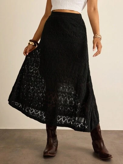 Freevana Plus Size Casual & Commute Solid Color Hollow Out Knit Skirt Crochet Skirt  Western Skirt Fall Clothes