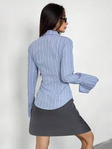 Feyla Blue School Blouse Striped Embroidered Asymmetrical Cuff Cinched Waist Long Sleeve Shirt - Blue - View 4