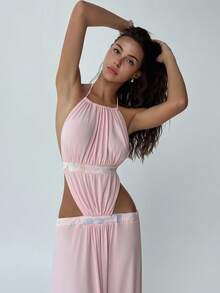 Aloruh Romantic Date Party Pink Medical Patchwork Backless Sexy Extra Long Mesh Women Dress - Baby Pink - View 7