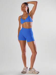 Musera Sport Solid Ruched Bust Open Back Halter Sports Bra , Active Comfy Workout Gym Running Run Clubpadel, Tennis, Pickleball