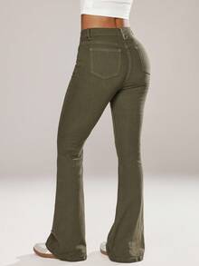 SHEIN ICON 女式口袋喇叭休闲百搭牛仔裤 - 軍綠色 - 查看 2