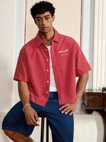 SWAVVY Men's Letter & Plaid Print Short Sleeve Casual Single-Breasted Shirt