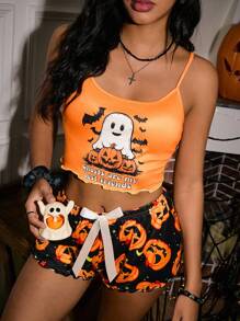 Miss Vinta 万圣节南瓜印花上衣和短裤睡衣套装，适合万圣节派对