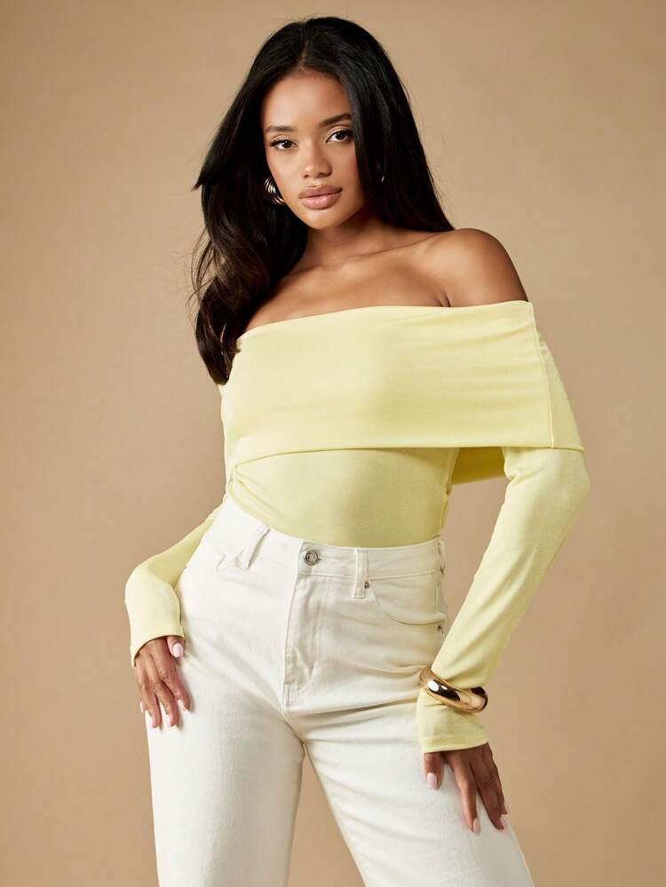 MISSGUIDED Off Shoulder Long Sleeve Bodysuit Pastel Spring Fashion Fold Over Neckline Fitted Top Elegant Evening Party Occasion Club Wear Casual Everyday Basic Essential