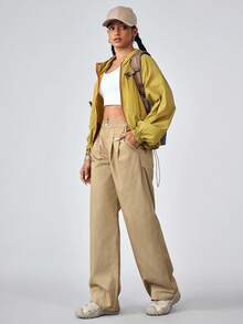 Pantaloni in jeans a gamba ampia, casual e versatili, di colore unito, adatti per escursioni all'aperto, con protezione solare, leggeri e ad asciugatura rapida, con tasche, pantaloni in denim a gamba ampia - Cachi - Visualizzare 3