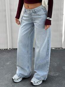 EURMUSE 休闲洗水低腰宽松直筒牛仔裤 - 中等水洗藍 - 查看 7