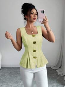 Elenzga Summer New Arrival French Elegant Fashion Big Metal Button Backless Tie Sleeveless Solid Color Blouse For Women - Green - View 4